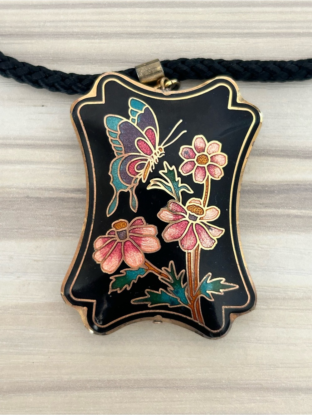 Vintage Cloisonné and Black Enamel Butterfly & Flower Pendant Necklace